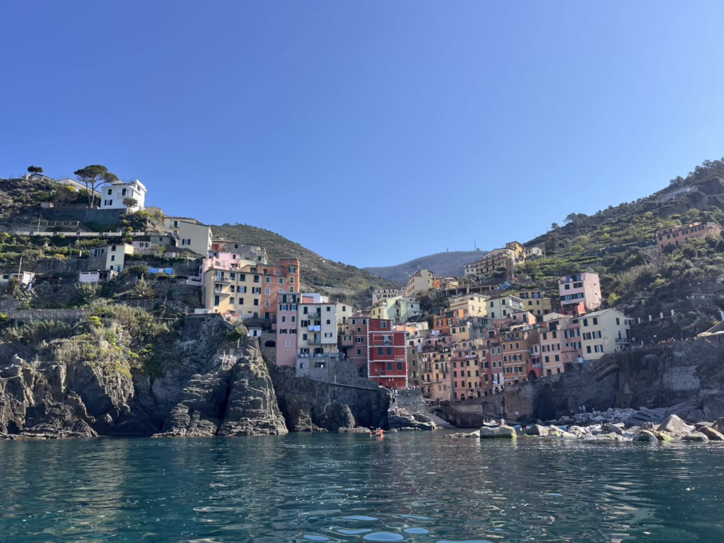 View of a Cinque Terre town from the water, Italy