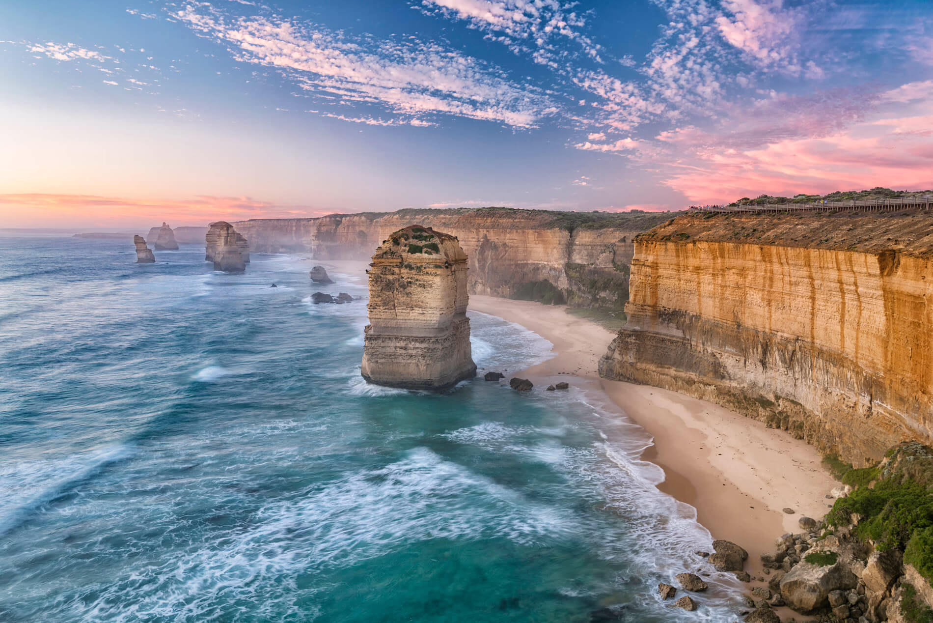 Twelve Apostles sea stacks along the Great Ocean Road at sunset, Victoria