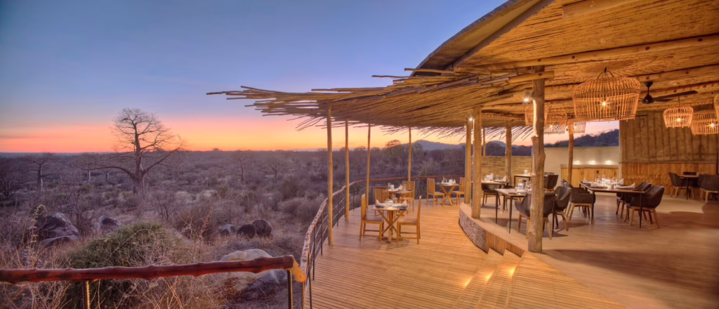 Open-air dining terrace at Jabali Ridge overlooking Ruaha National Park, Tanzania