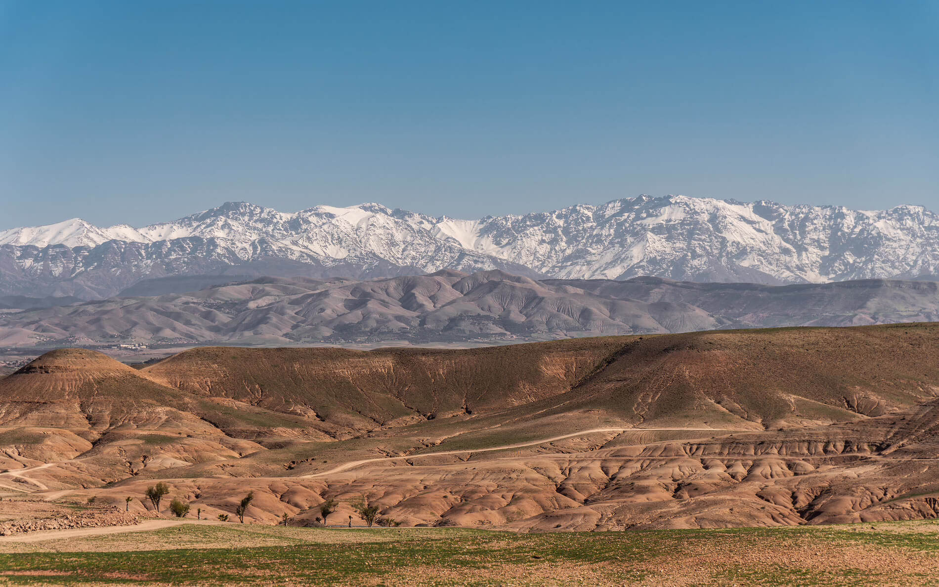 Rocky hills of the Agafay Desert with snow-covered Atlas Mountains beyond, Morocco