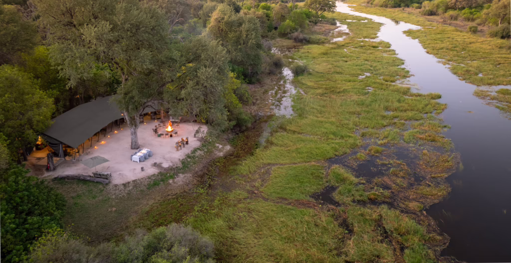 Aerial view of Machaba Camp beside the Khwai floodplain in Botswana