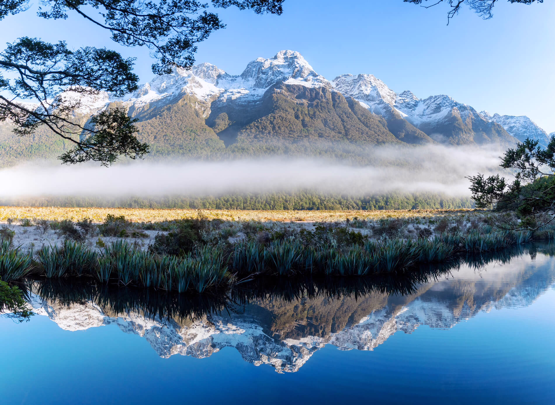 Snow-covered mountains reflected in the Mirror Lakes near Milford Sound, New Zealand