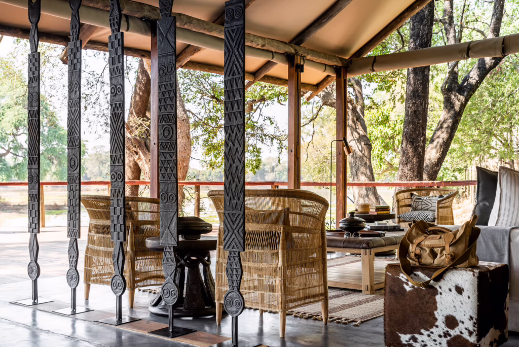 Open-air lounge at Sungani Lodge in South Luangwa, Zambia